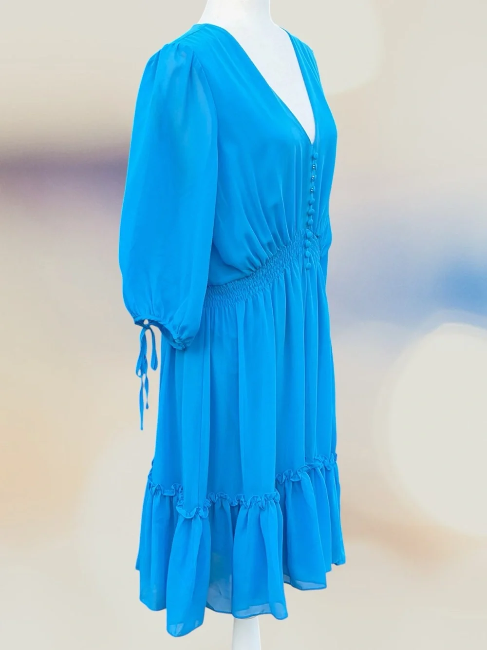 Taylor Turquoise Chiffon 3/4 Ballon Sleeve Ruffle Hem Midi Swing Dress, L
